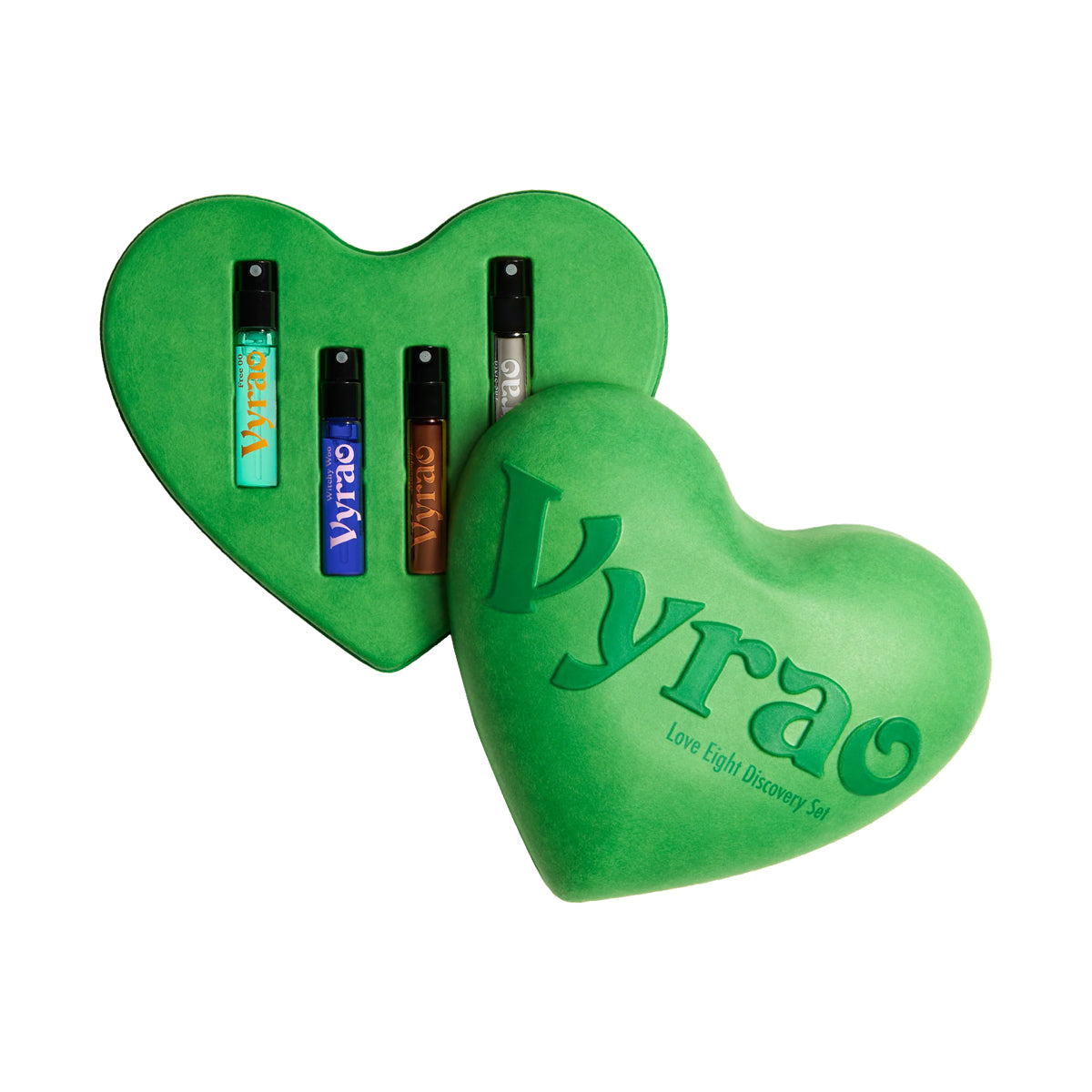Vyrao's Love Eight Sample Set. A green heart-shaped container on a white background