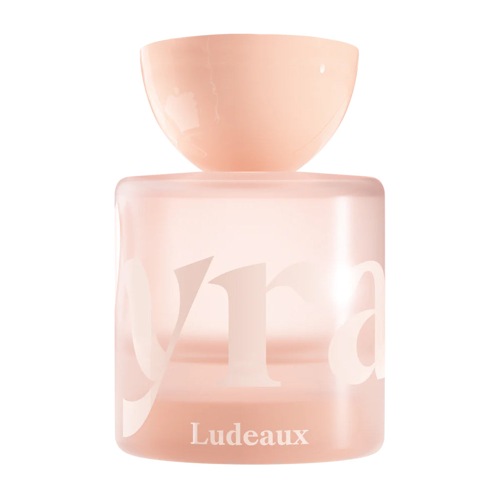 Pink perfume bottle with 'Ludeaux' branding on a white background