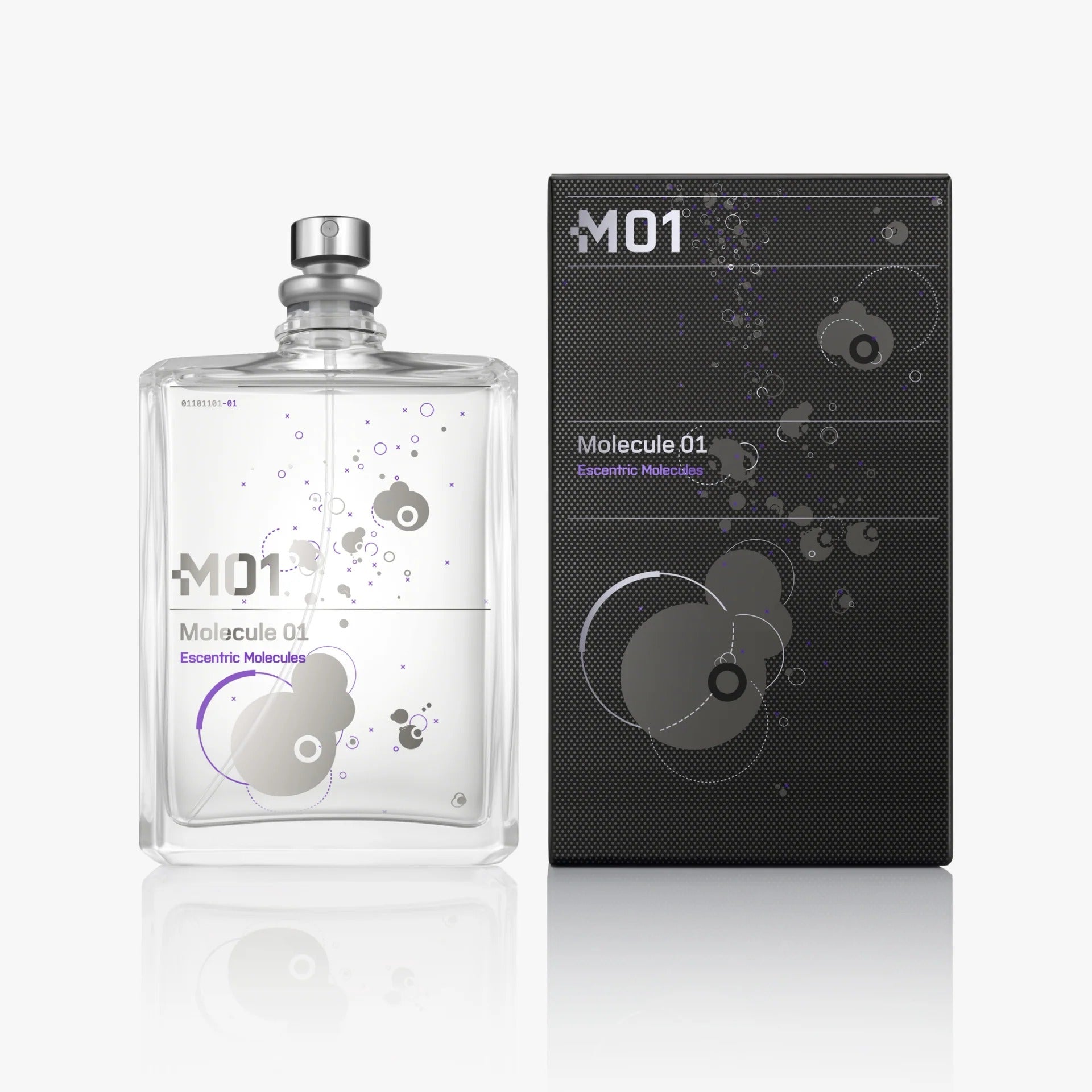 Perfume bottle and packaging labeled 'Molecule 01' on a white background