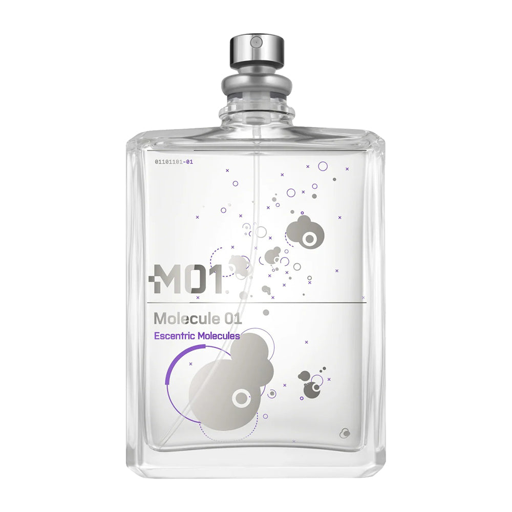 Clear perfume bottle with Escentric Molecules branding on a white background