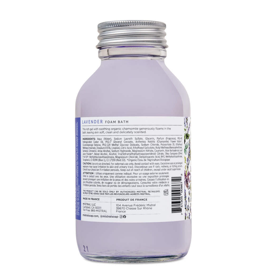 Bottle of lavender foam bath with label on a white background