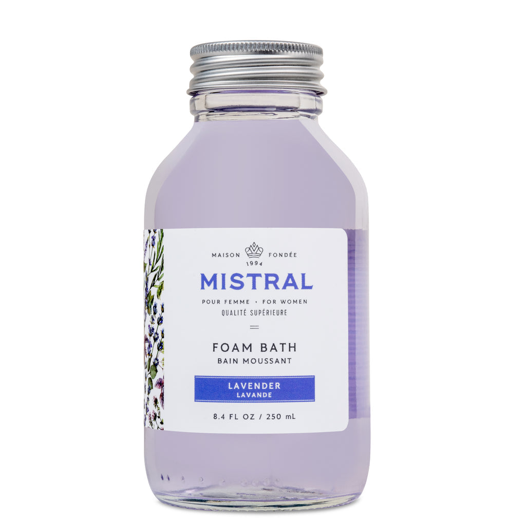 Mistral lavender foam bath bottle on a white background