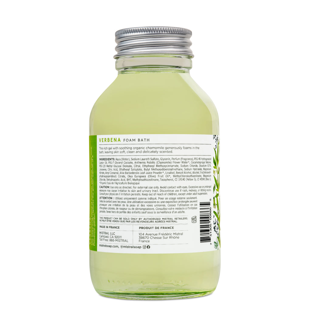 Green bottle of Verbenas Foam Bath with label on a white background