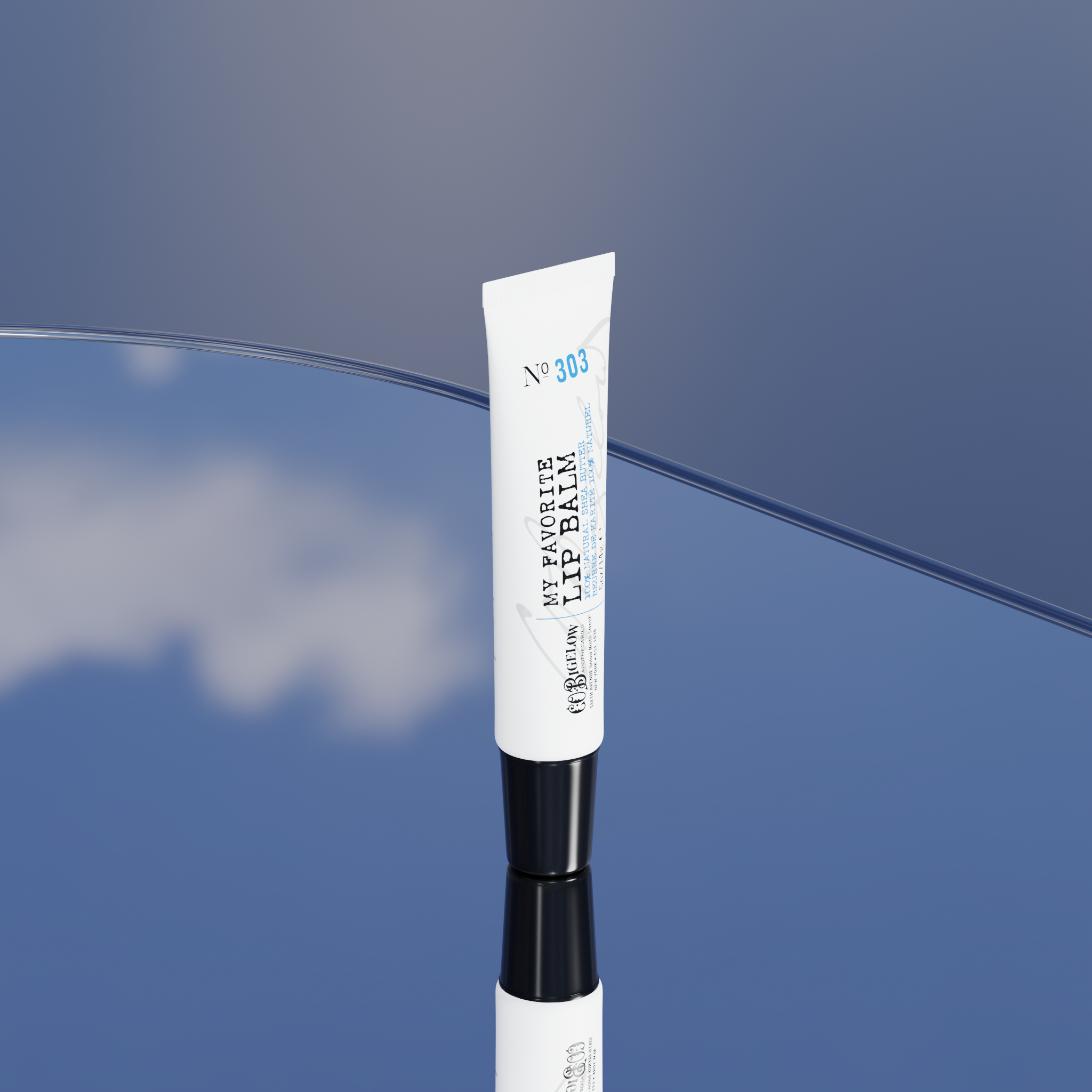Lip balm tube on a reflective surface with a blue gradient background