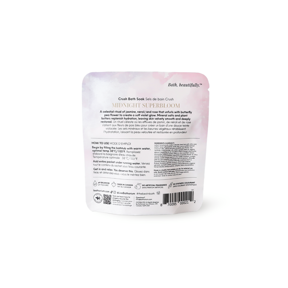 The back of a Bath Beauty 'Midnight Superbloom' Crush Bath Soak sachet, showing product details, instructions, and a barcode on a clean white background.