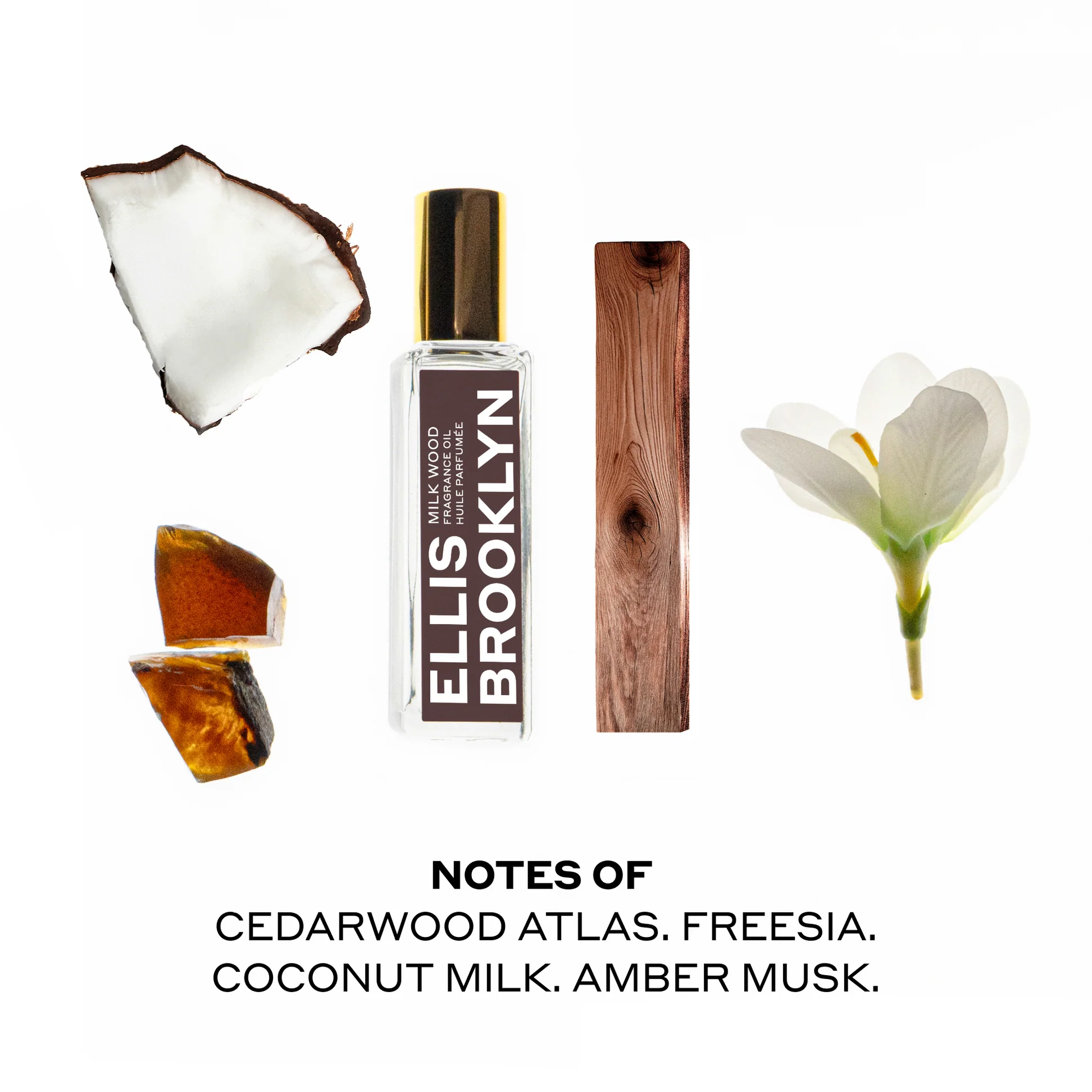 Ellis Brooklyn Milk Wood bottle with ingredients on a white background