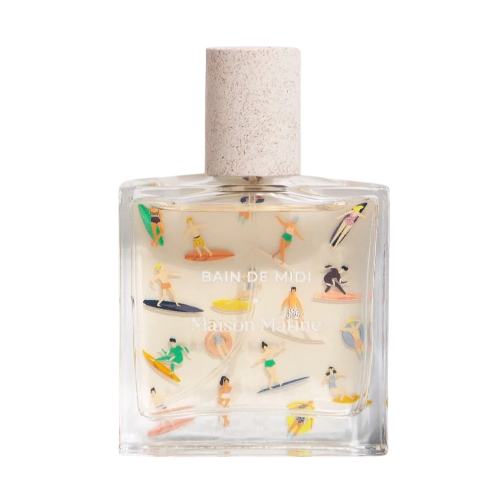 Perfume bottle with beach-themed illustrations on a white background
