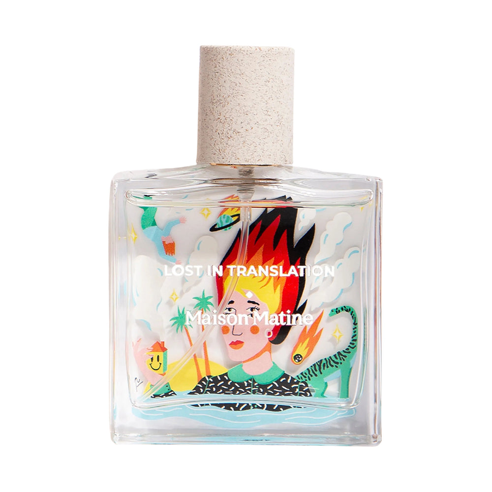 Perfume bottle with colorful design and 'Lost in Translation' text on a white background