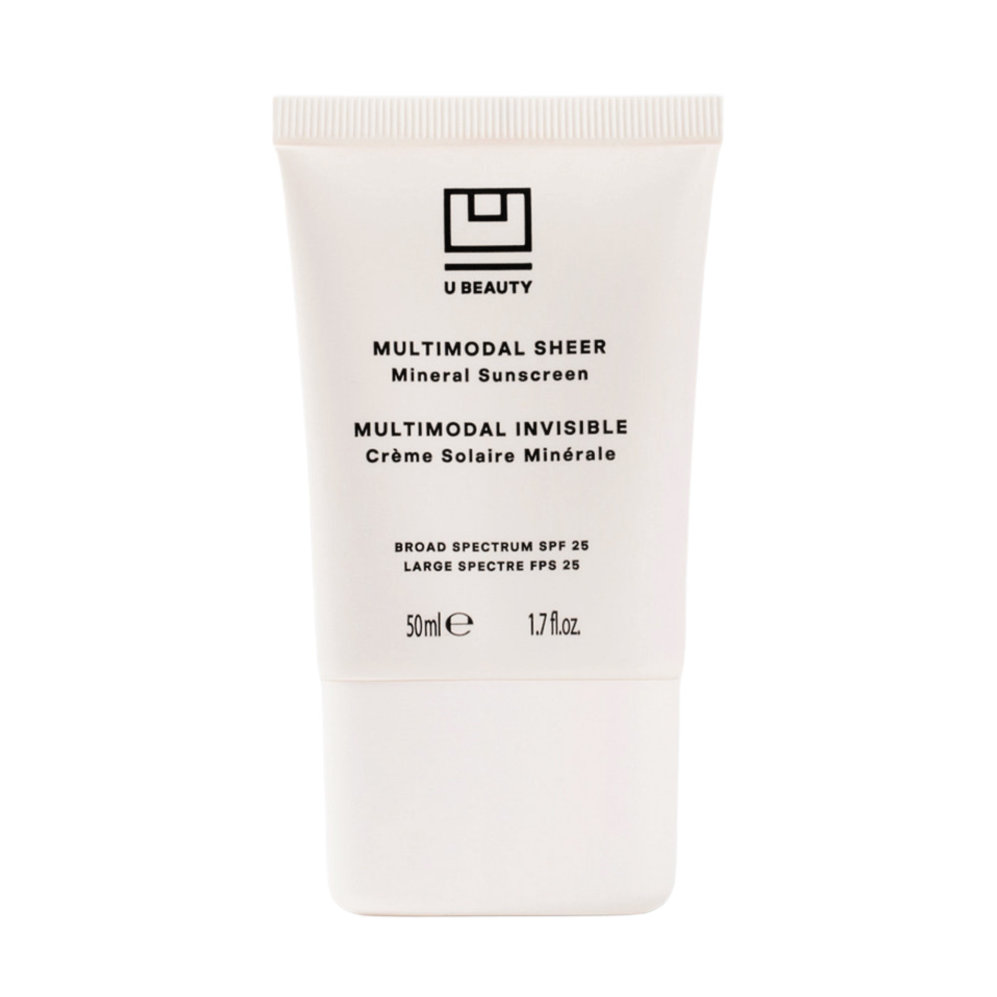 White sunscreen tube with black text on a white background