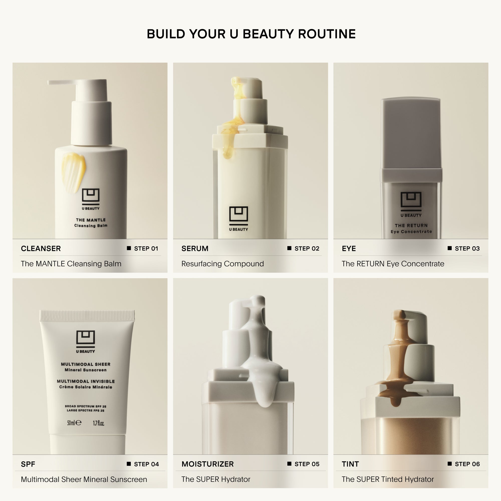 Collage of skincare products with step-by-step instructions on building a beauty routine.
