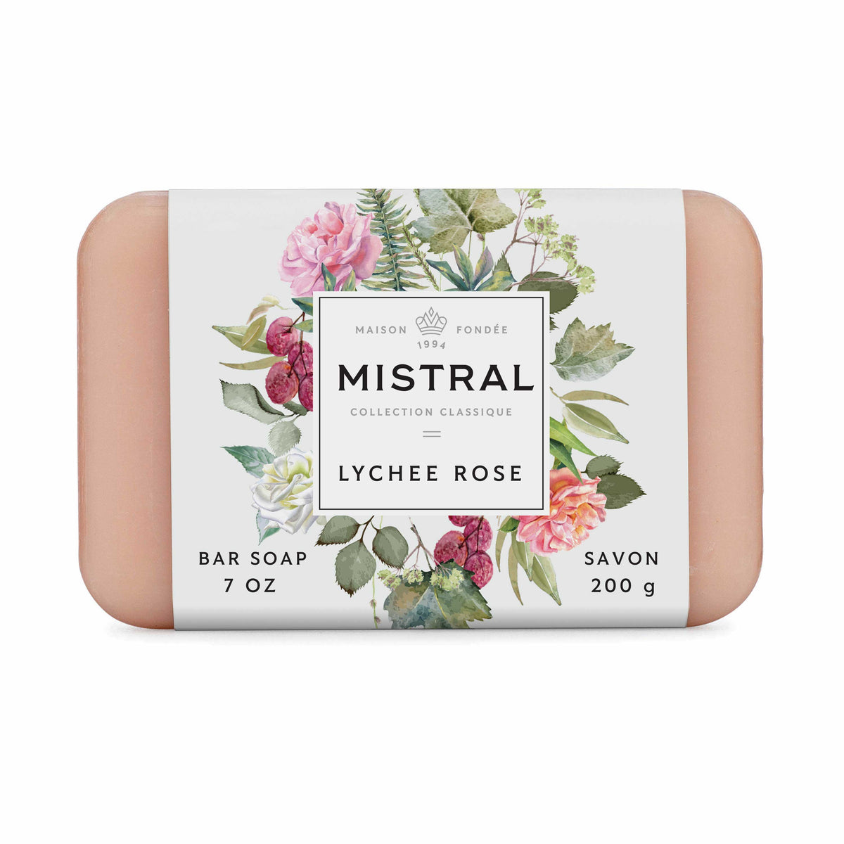 A rectangular bar of Maison Fondée 1899 Mistral Lychee Rose collection bar soap, 7 oz (200 g), featuring a white paper label with a watercolor floral design of pink lychee roses and green leaves, set against a plain white background.