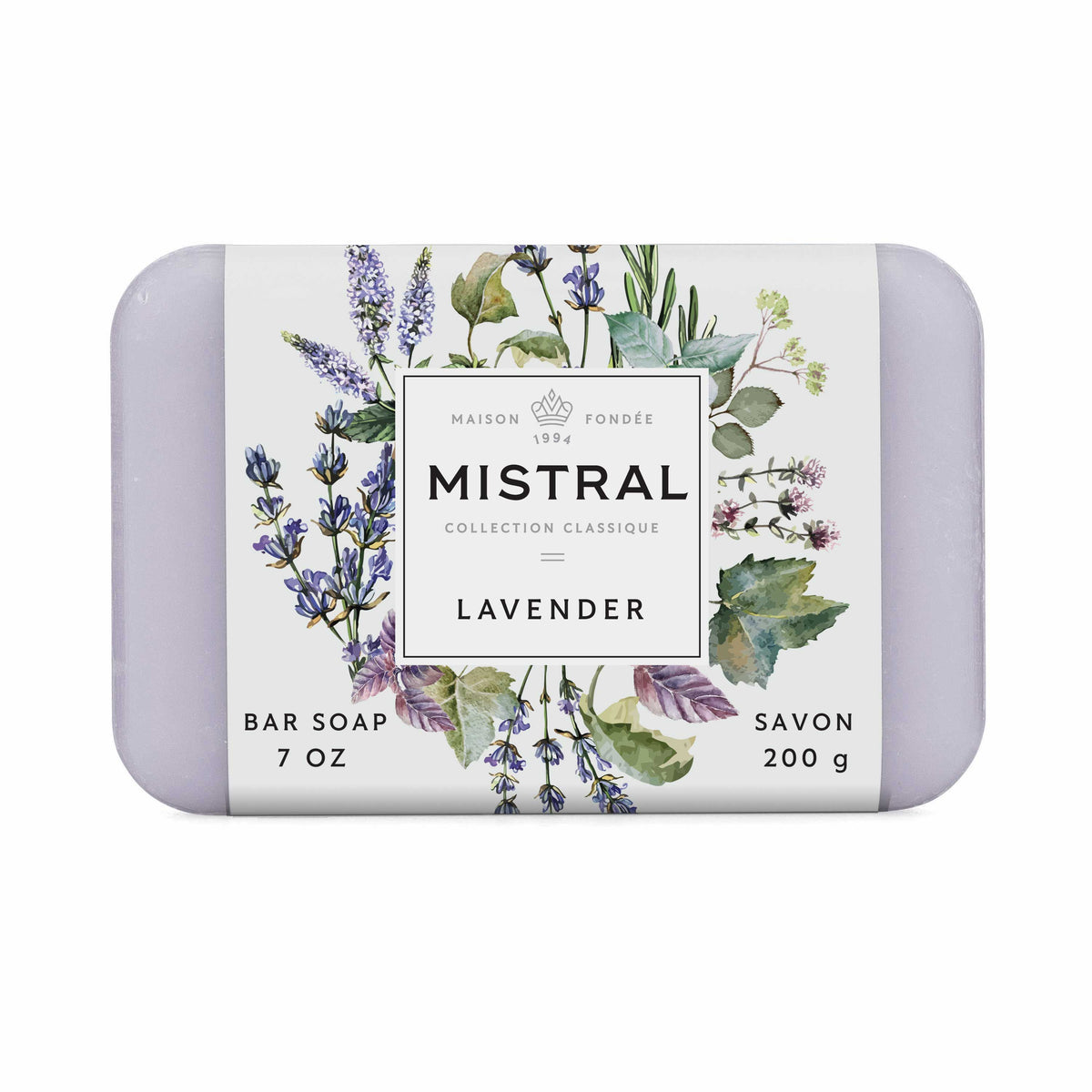 A rectangular bar of lavender soap in a light purple-gray container with a white paper label. The label features watercolor illustrations of lavender flowers and green leaves, with the brand name 'MISTRAL' and the scent 'LAVENDER' printed in black text.