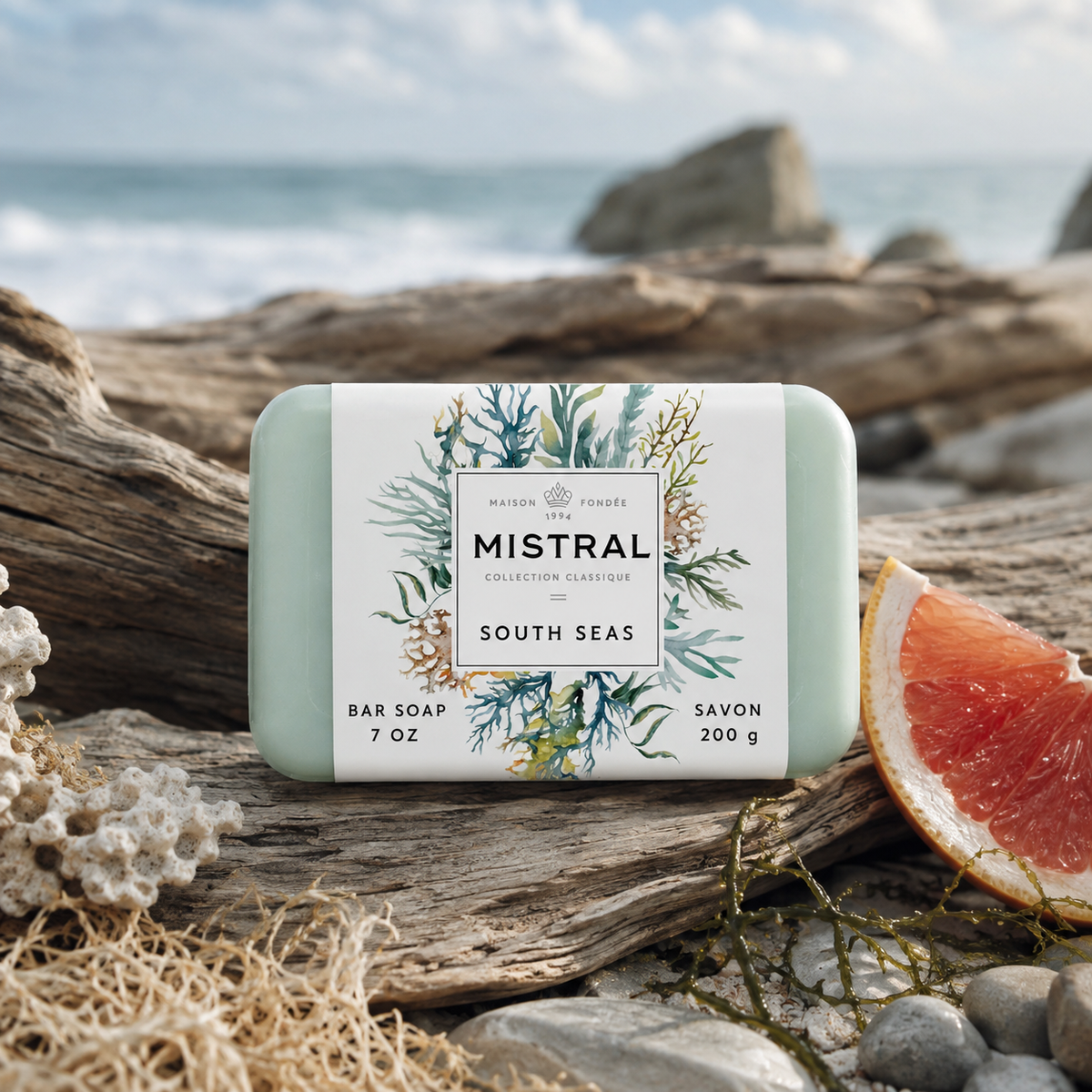 A rectangular bar of Maison des Oiseaux Mistral 'South Seas' bar soap sits on a piece of driftwood on a beach, styled with a grapefruit slice, coral, and rocks.