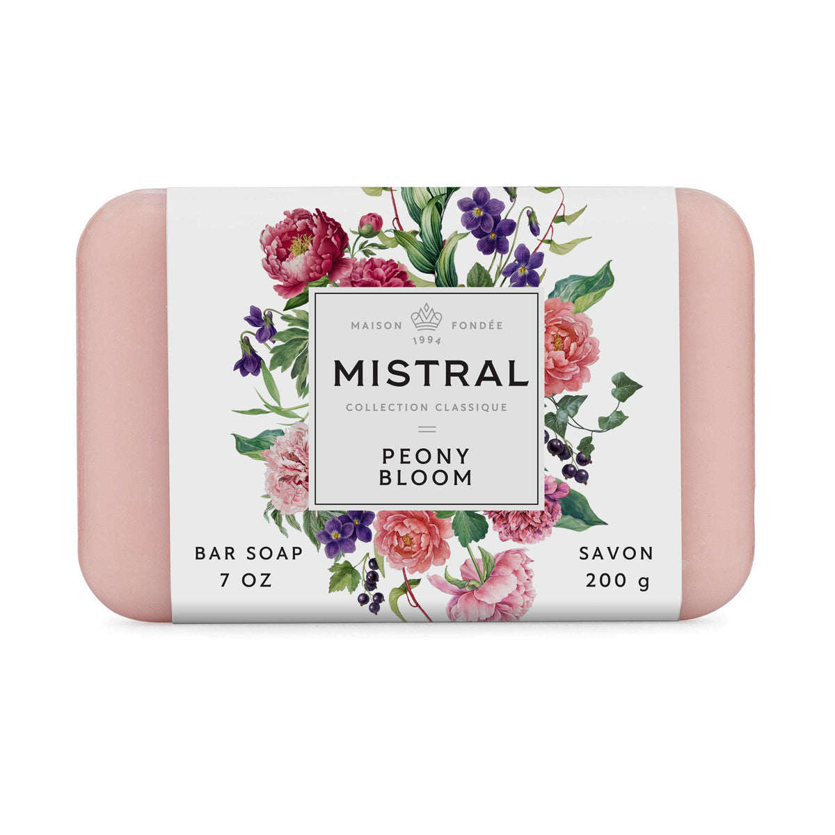 A rectangular bar of Maison Fondée Mistral Collection Classique Peony Bloom bar soap, featuring a white paper label with a colorful watercolor floral design and pink soap bars visible on the sides.