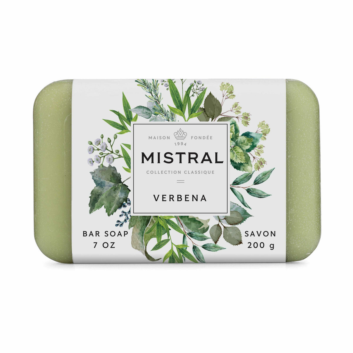 A rectangular bar of Maison Fonderie Mistral Collection Classique Verbena bar soap, featuring a sage green soap bar with a white paper label decorated with green botanical illustrations.