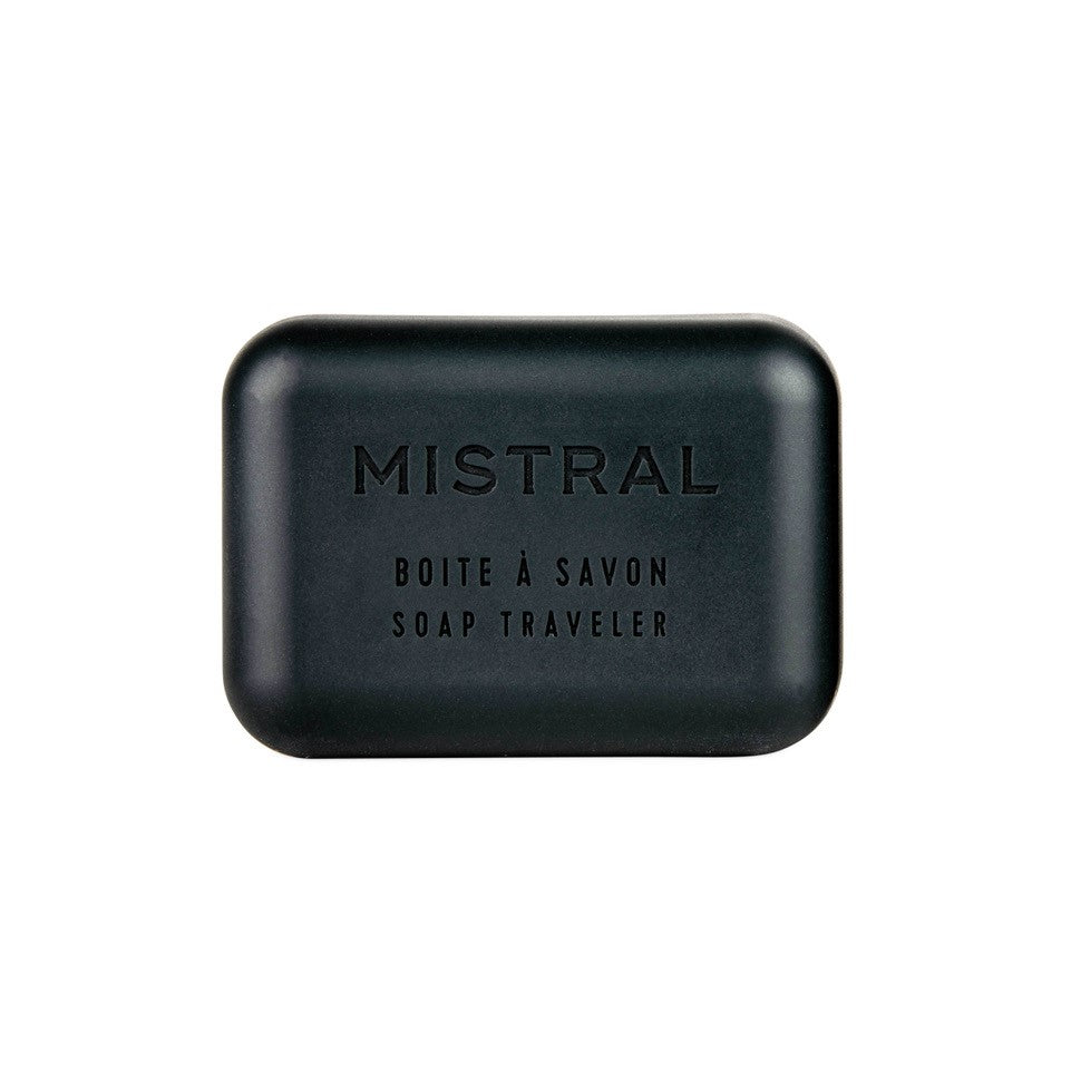 Black soap bar with 'Mistral' branding on a white background