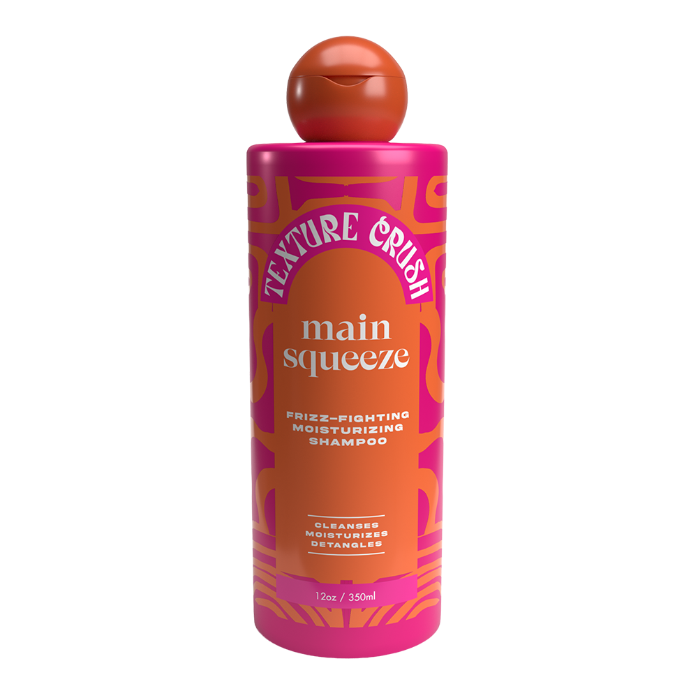 Texture Crush bottle with pink and orange label on a white background
