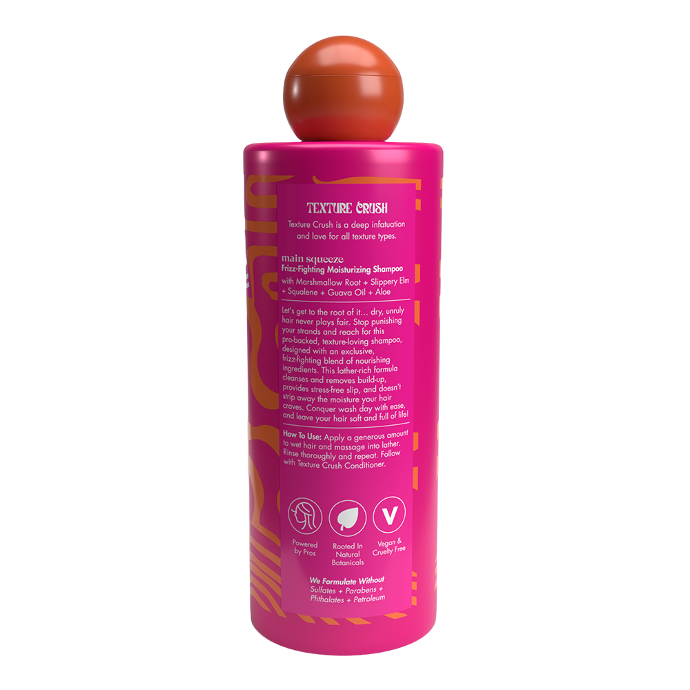 Back of Texture Crush shampoo bottle with brown cap on a white background