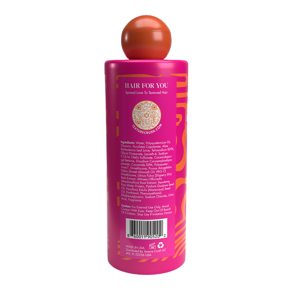 Texture Crush bottle with ingredient label,  brown cap on a white background