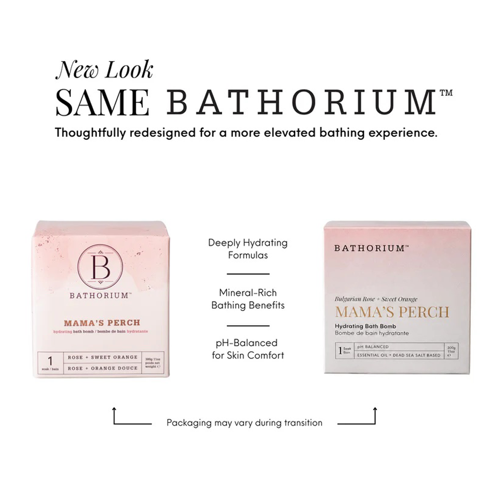 A promotional graphic for Bathorium Mama's Perch bath bombs, showing two product boxes on a white background with marketing text above and below. The left box is pink and labeled 'Mama's Perch Rose + Sweet Orange,' and the right box is pale pink and labeled 'Mama's Perch Hydrating Bath Bombs.