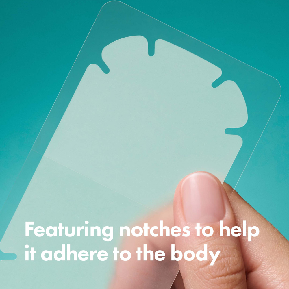 Clear adhesive patch held by a hand with text on a teal background