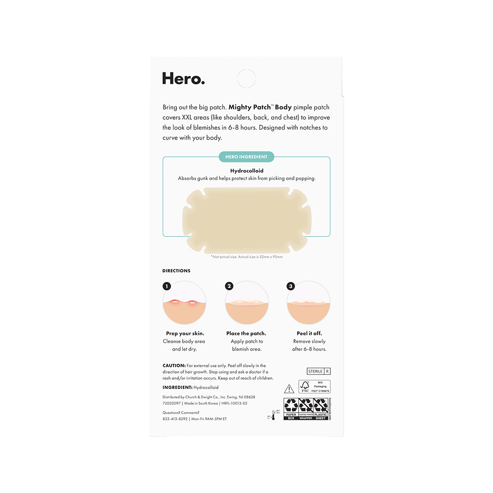 Mighty Patch body patch packaging with instructions and product image on a white background