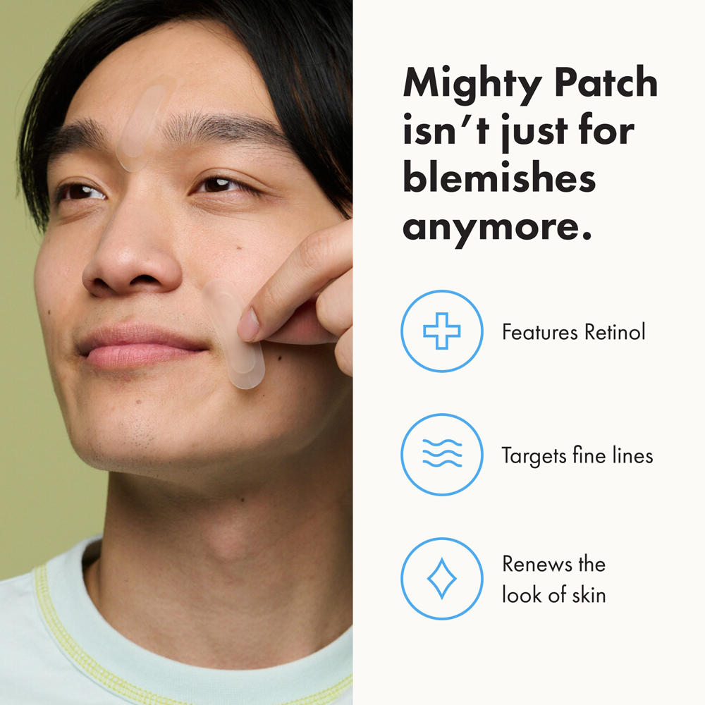 Person applying a skincare patch with text about its features on a green background