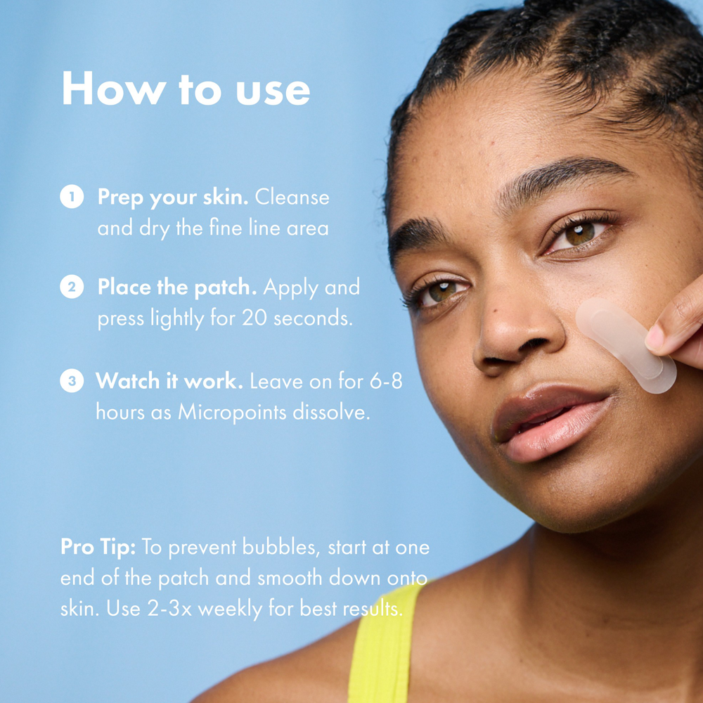 Woman applying patch with usage instructions on a blue background