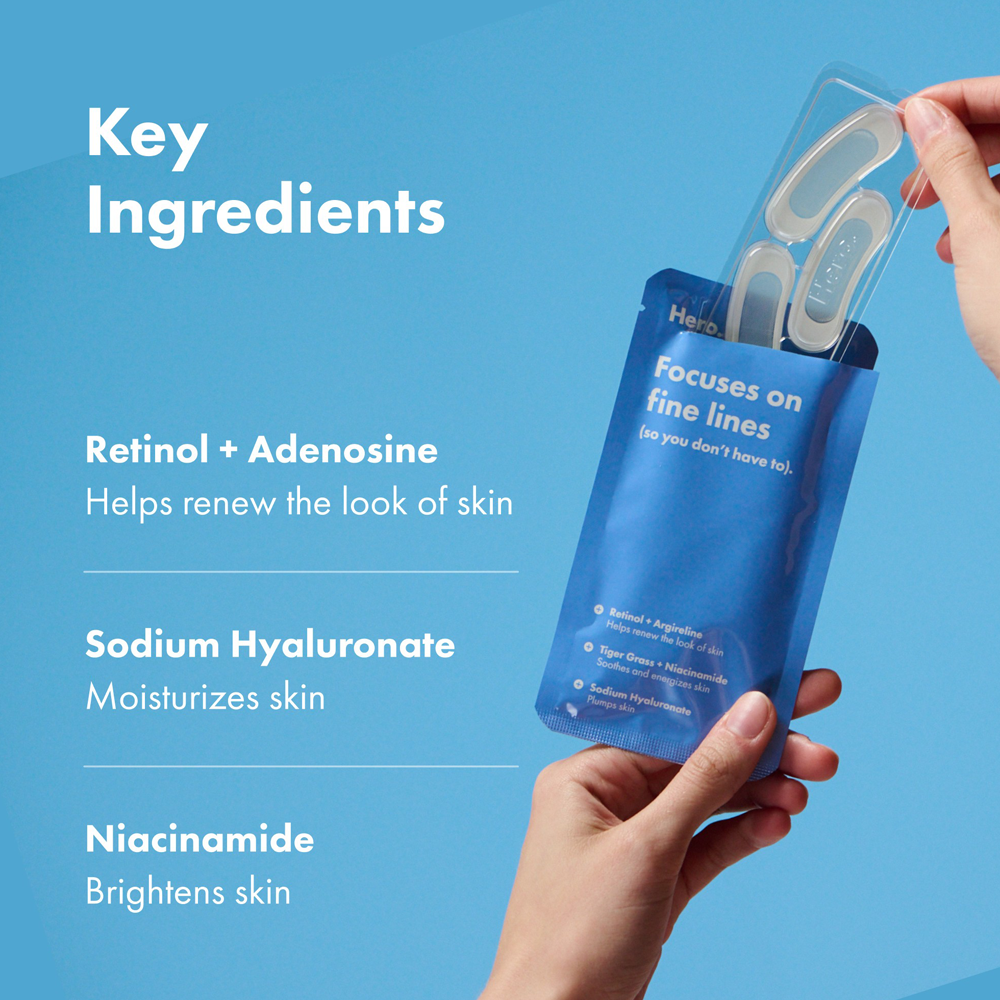 Blue product packaging with key ingredients listed on a blue background