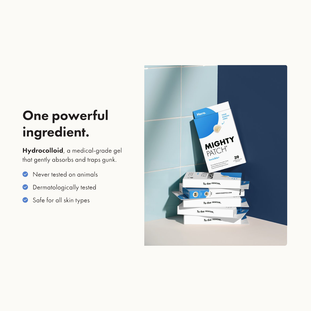 Mighty Patch packaging with text about hydrocolloid gel on a white background