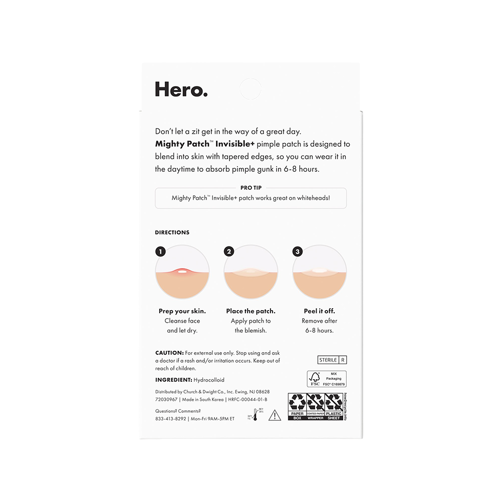 Instructions for using a Mighty Patch Invisible pimple patch on a white background with 'Hero.' branding.