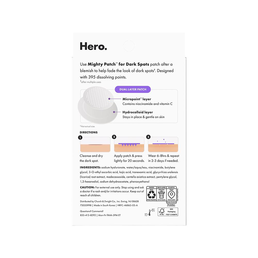 Product packaging with text and a patch illustration on a white background