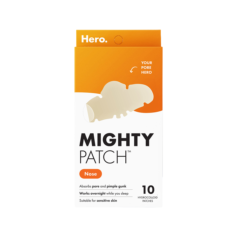 Mighty Patch packaging for nose with 'Hero.' brand on an orange and white background