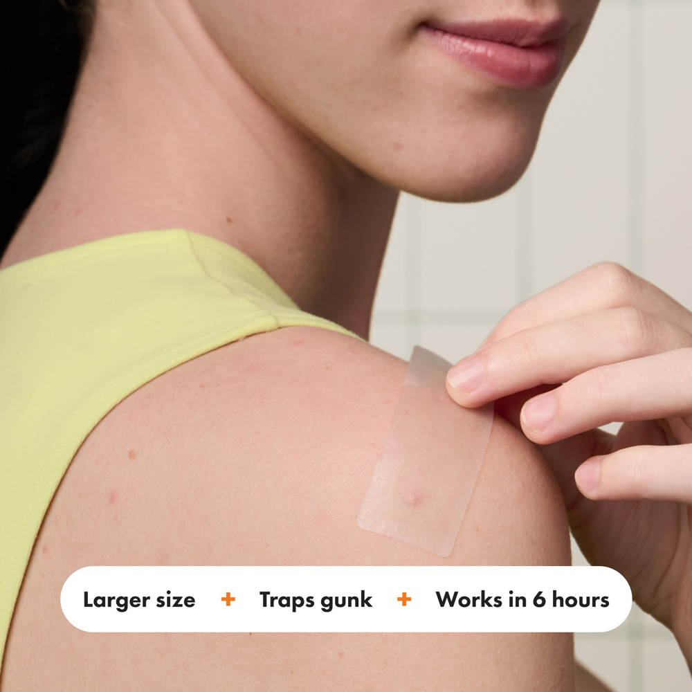 Person applying a larger size patch to their shoulder with text indicating benefits.