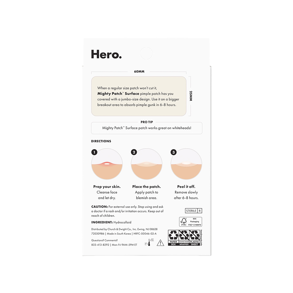 Mighty Patch surface pimple patch packaging with directions and branding.