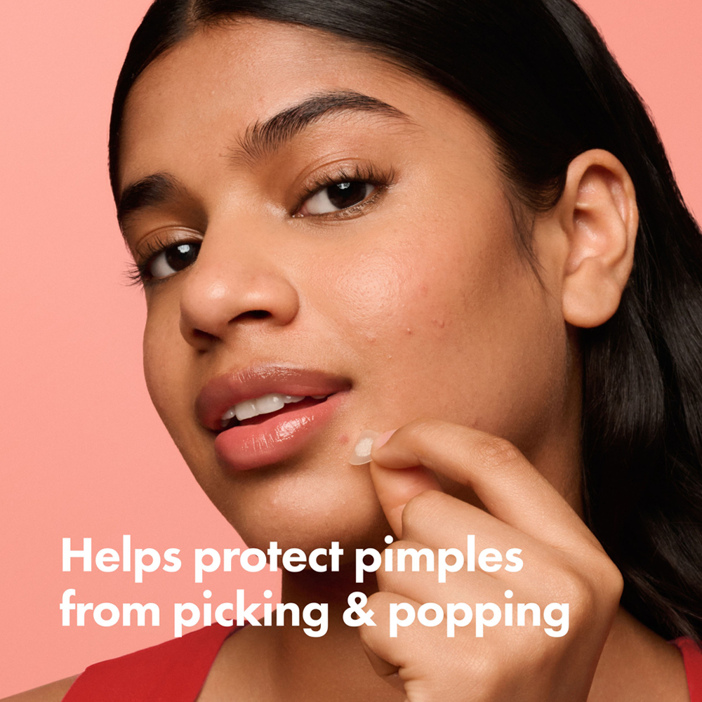 Woman with a pimple on her face against a pink background with text about protecting pimples.