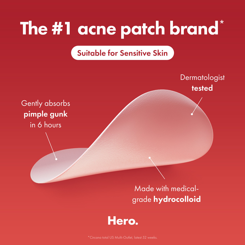 Acne patch with features on a red background, labeled 'Hero'.