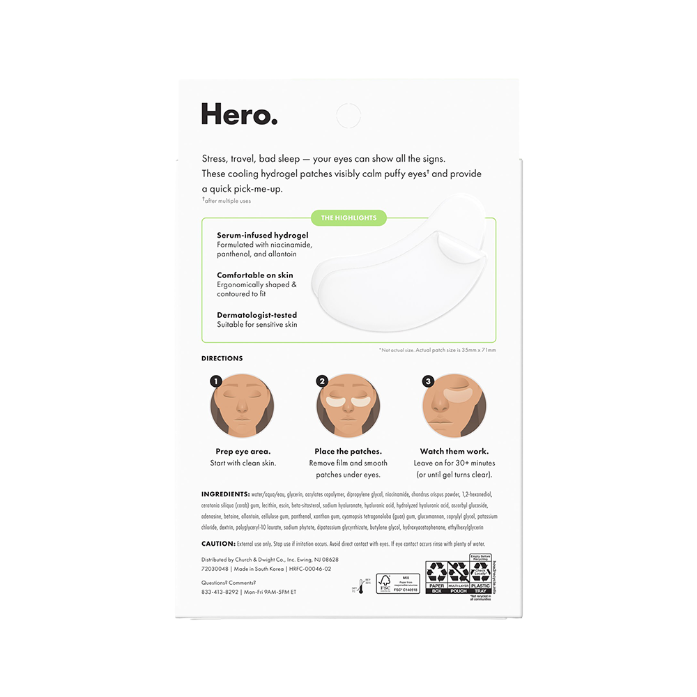 Product packaging for 'Hero' eye patches with usage instructions and ingredients list.