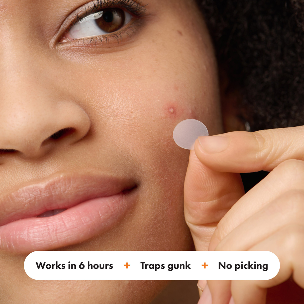 Person applying a patch to their face with text indicating product benefits.