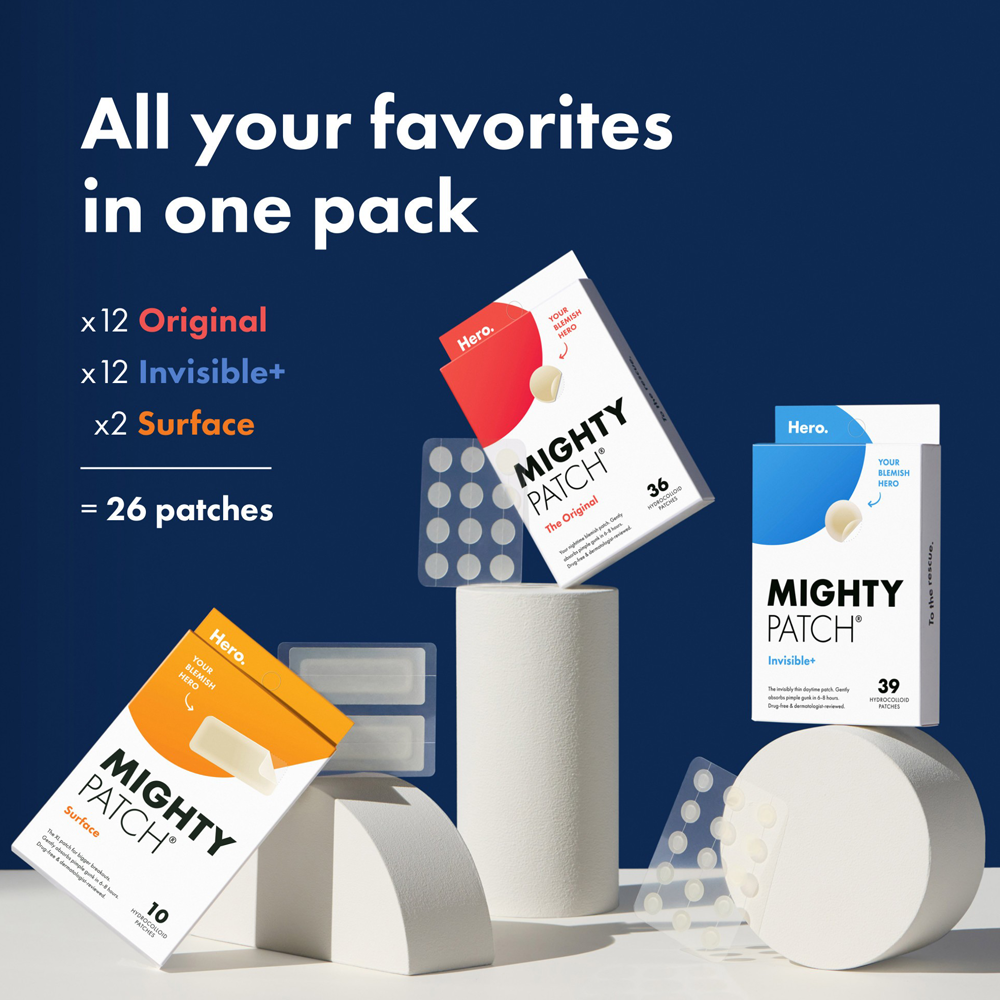 Mighty Patch packaging with text on a blue background