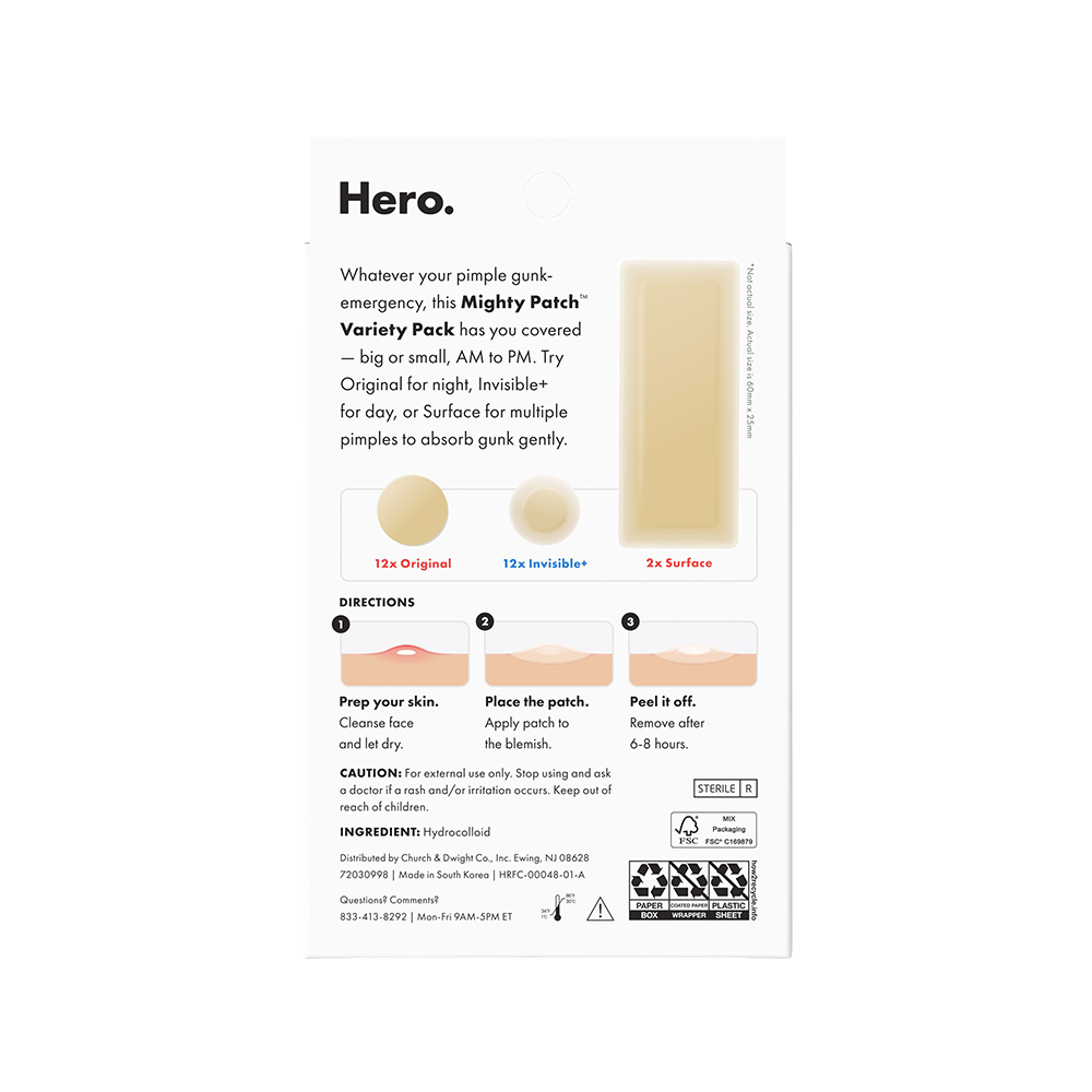 Product packaging for 'Hero' pimple patches with images and text on a white background