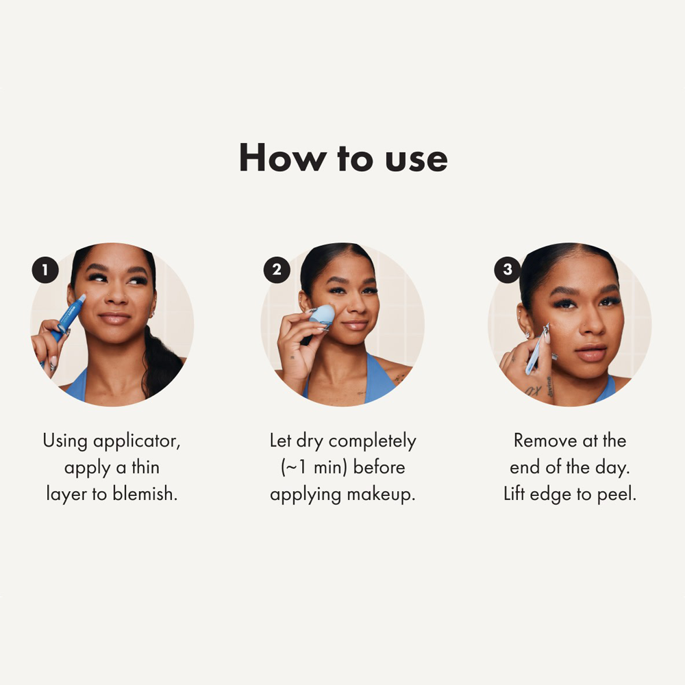 Step-by-step guide on how to use a skincare product with three images of a woman applying it.
