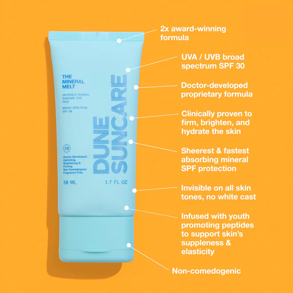 Dune Suncare sunscreen tube with features listed on an orange background