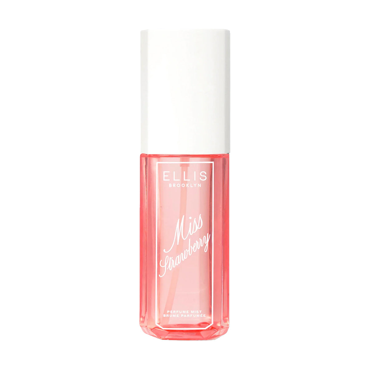 Pink bottle of Ellis Brooklyn Miss Strawberry perfume on a white background