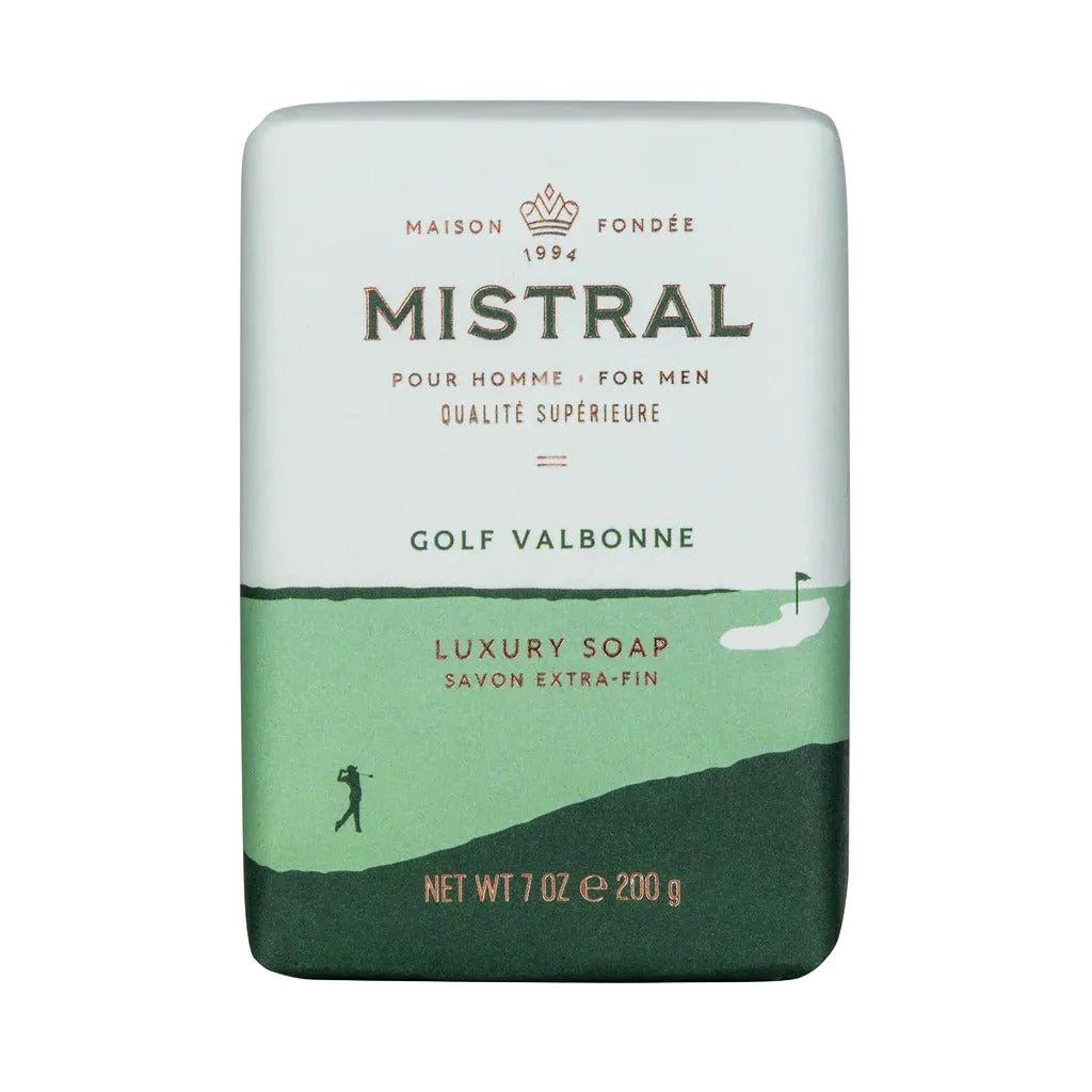 Mistral luxury soap bar with golf-themed design on a white background