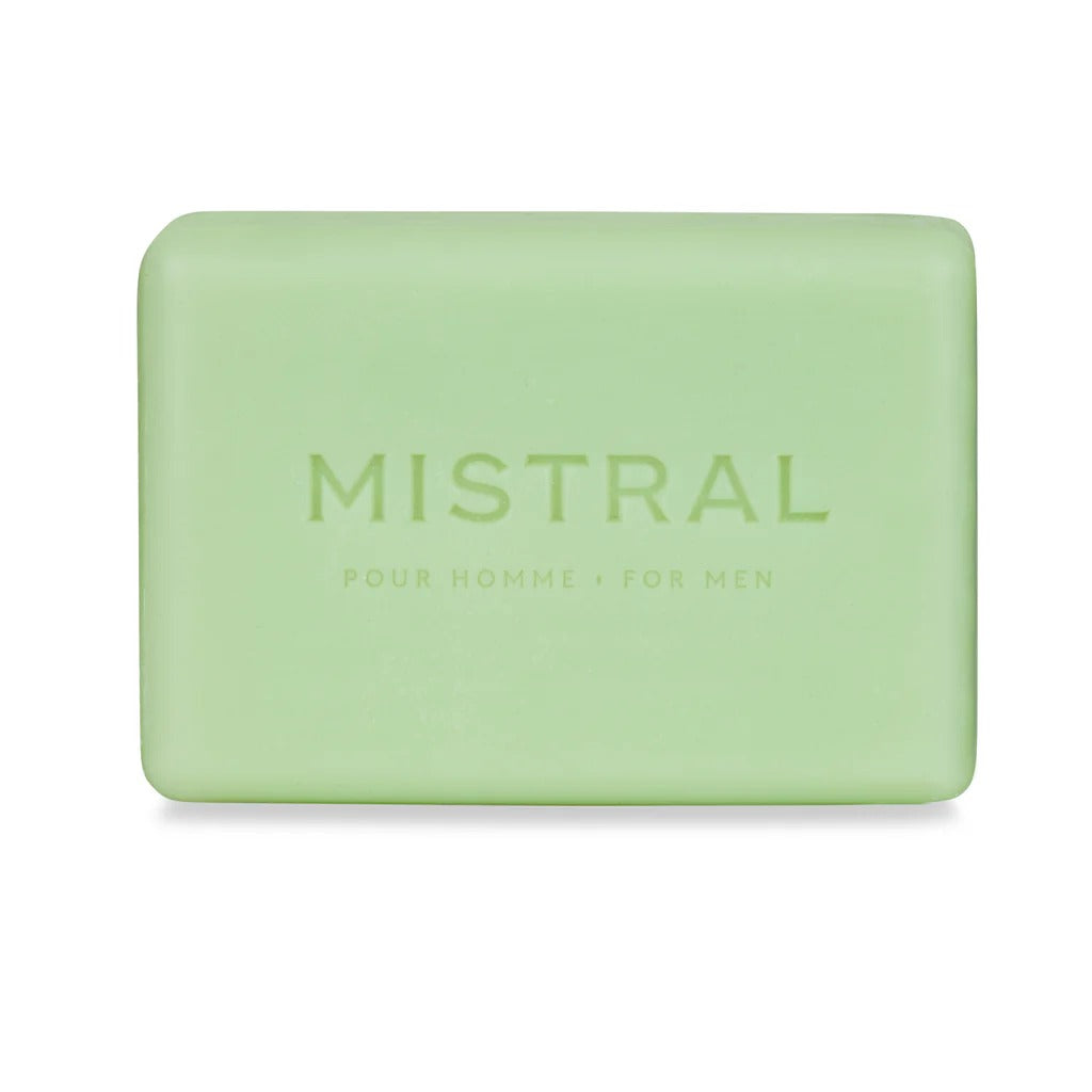 Green bar of soap with 'Mistral' branding on a white background