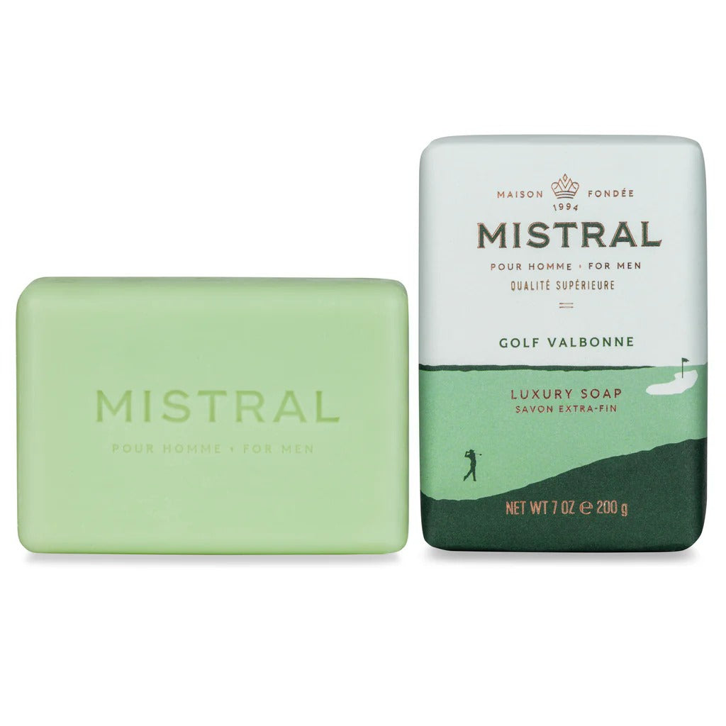 Mistral luxury soap bar and packaging on a white background