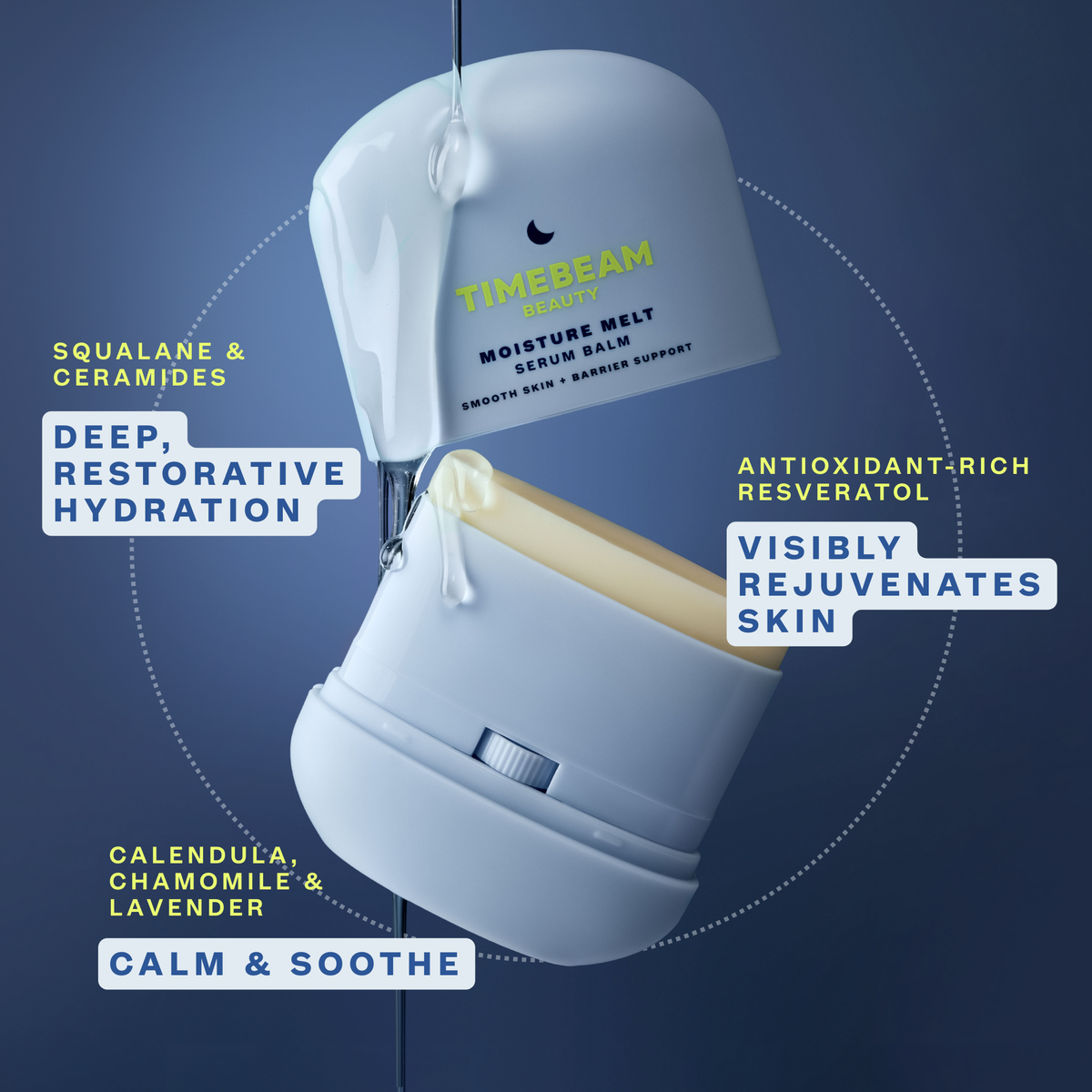 Open container of Timebeam Beauty - Moisture Melt Serum Balm with clear gel draining onto it in front of a blue background with text explaining basic benefits