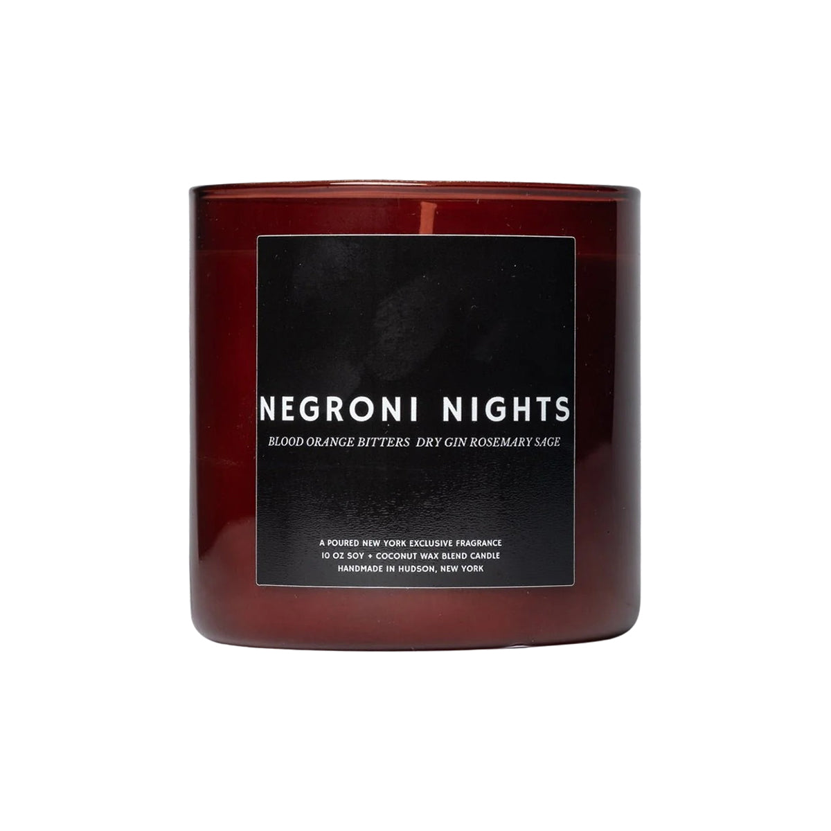 Candle labeled 'Negroni Nights' with a dark label on a white background