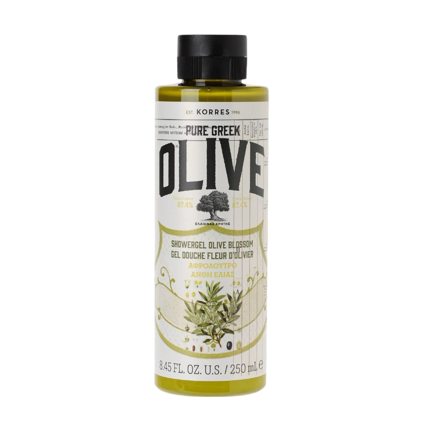 Korres Pure Greek Olive shower gel bottle on a white background